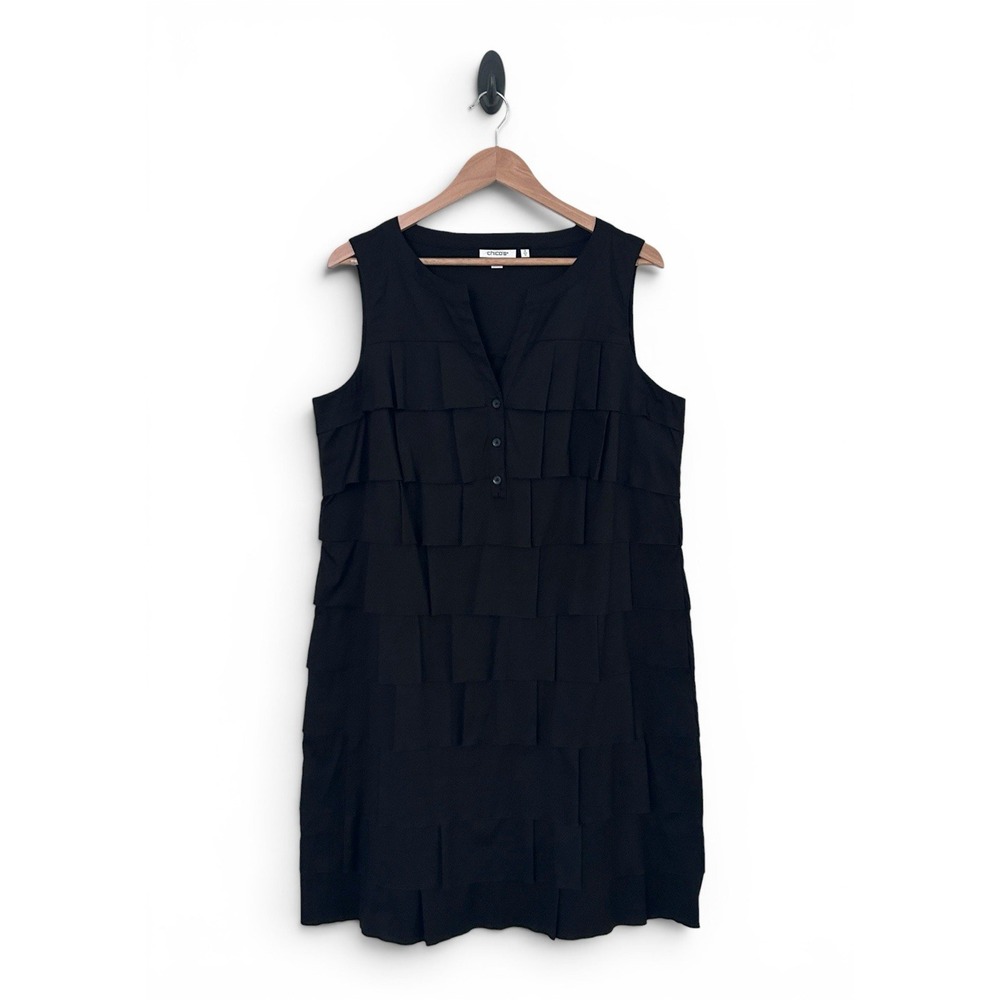 Chico's Women 12 Black Large Cotton Sleeveless Ruffled Tiered Shift Dress Size 2 - Picture 2 of 14